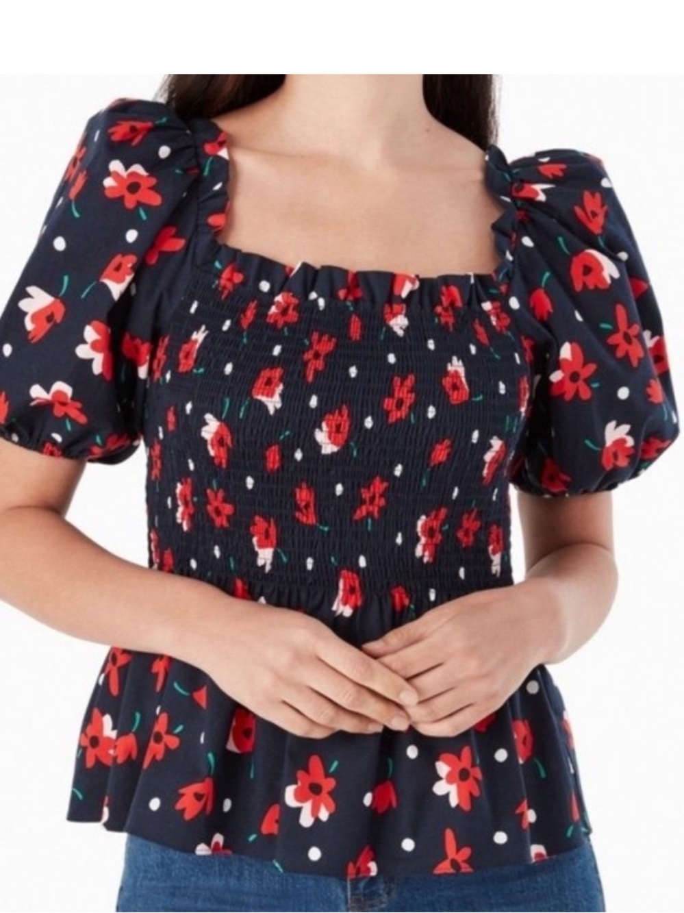KATE SPADE Smocked Square-Neck Floral Peplum Top - Navy Red XL